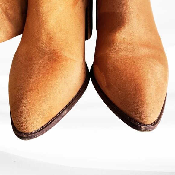Report Tariq Tall Shaft Faux Suede Bootie Tan Block Heel Slip On/Pull Tab Size 9 - Picture 4 of 16
